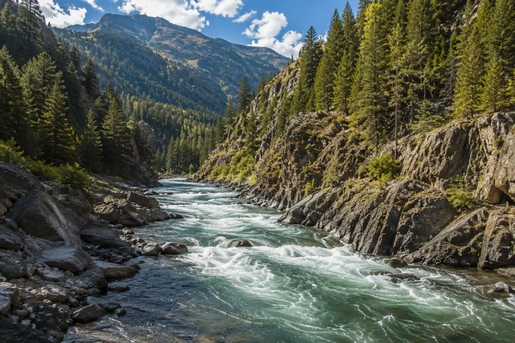 Gallatin River flowing through the Gallatin Canyon near Belgrade Montana with mountains and pine forest visible
