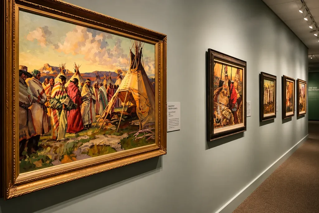 Gallery interior at the C.M. Russell Museum displaying Western oil paintings and bronze sculptures