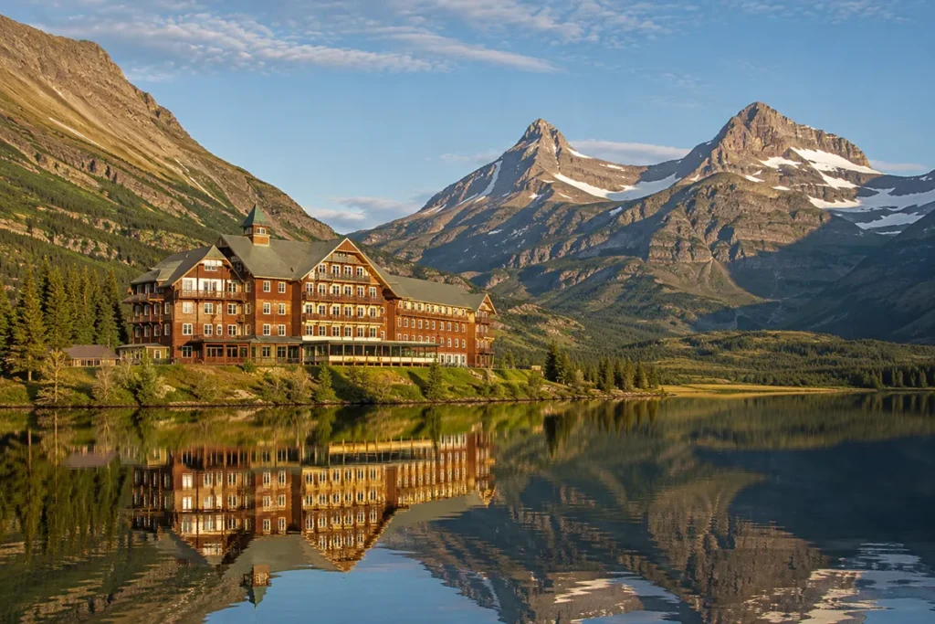 Many Glacier Hotel on Swiftcurrent Lake in Glacier National Park Montana with Swiss chalet architecture and surrounding mountain peaks reflected in the lake
