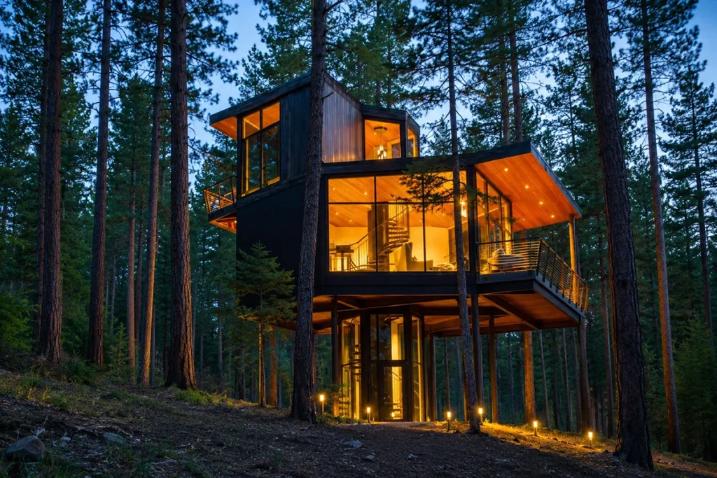 Green O Tree Haus at Paws Up Montana elevated 23 feet above the forest floor with glass walls and a view of the pine forest