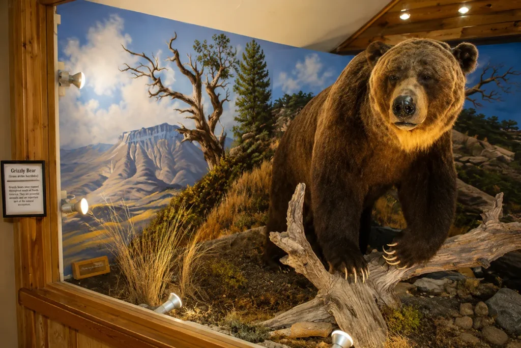 Historic Grizzly Cabin exhibit building at Old Trail Museum in Choteau, Montana