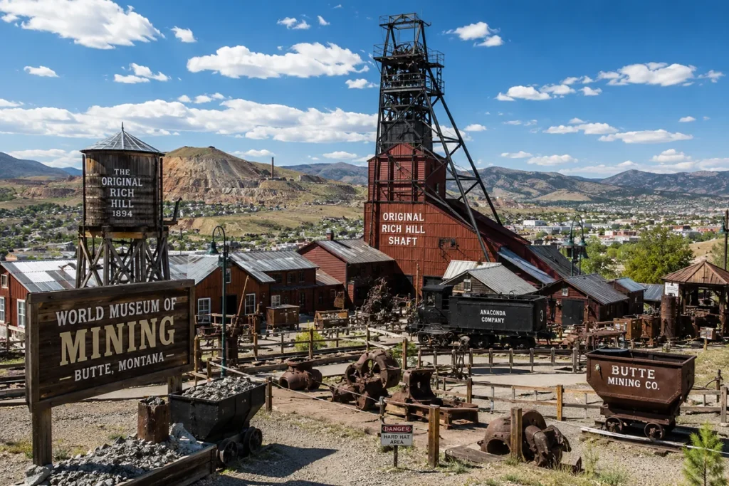 Historic mining yard and headframe at the World Museum of Mining in Butte, Montana