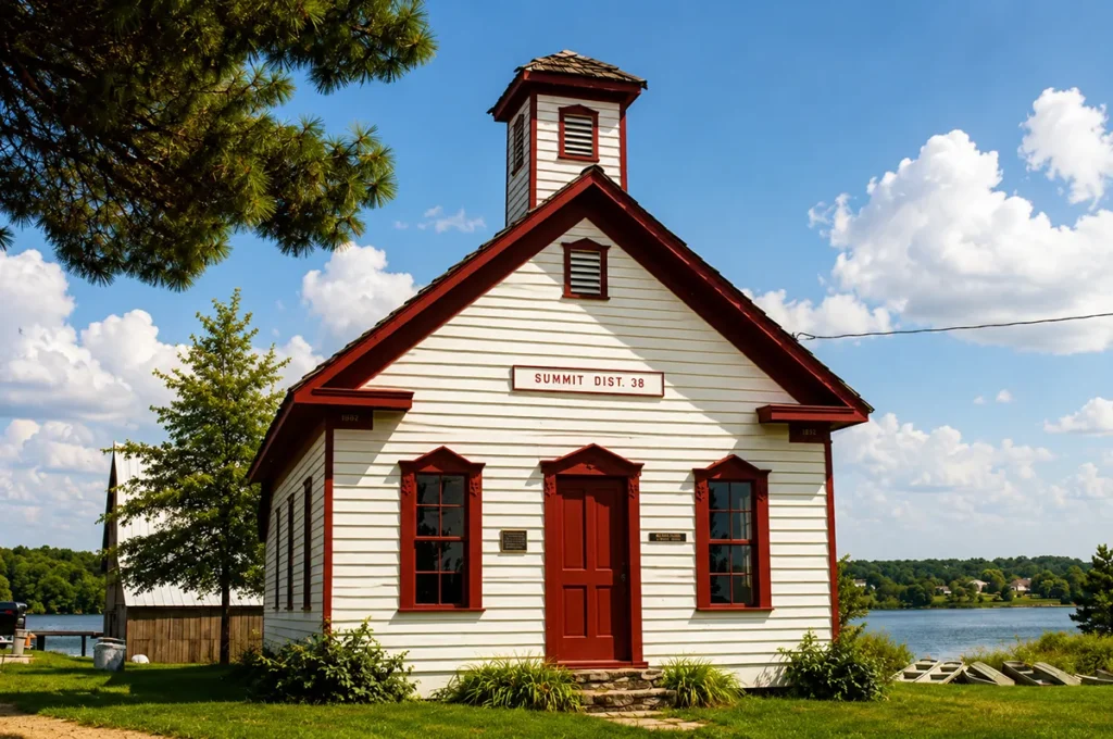 Historic one-room schoolhouse building at Range Riders Museum in Miles City, Montana