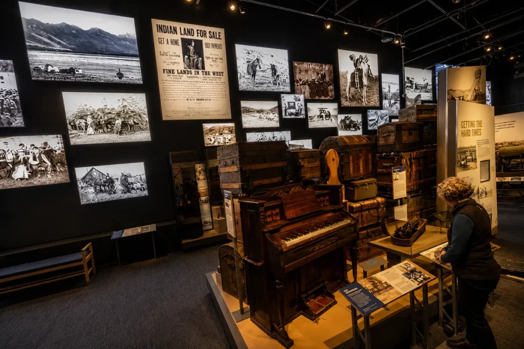Homeland Gallery exhibit at the Montana Heritage Center showing Montana history displays