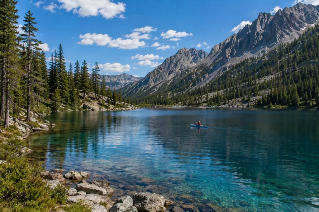 Lake Como in the Bitterroot National Forest near Darby Montana showing the mountain lake and surrounding peaks