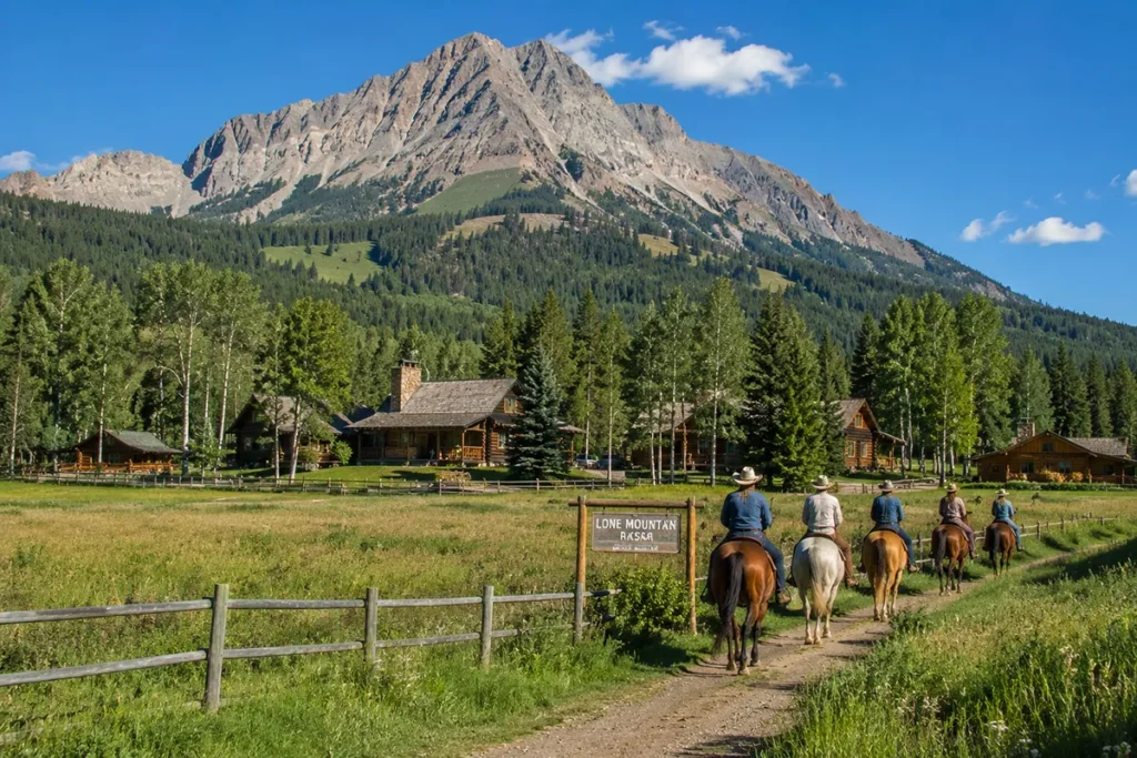 Lone Mountain Ranch Big Sky Montana summer view showing historic log cabins and Lone Peak rising behind with horseback riders on a trail