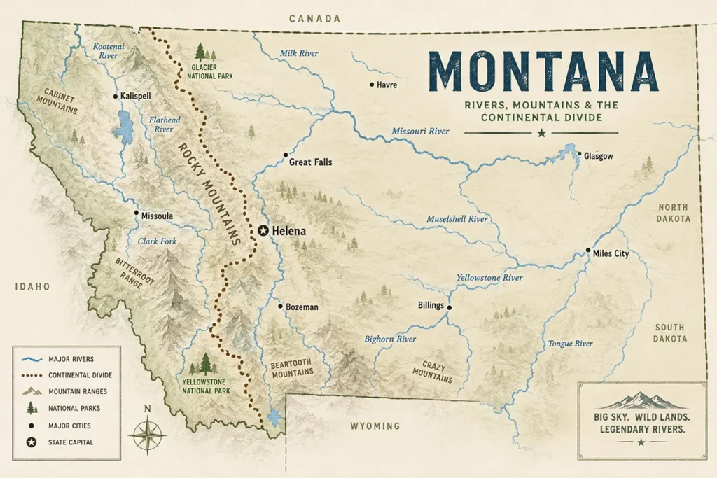 Map of Montana's major rivers overlaid on the state's mountain ranges and Continental Divide