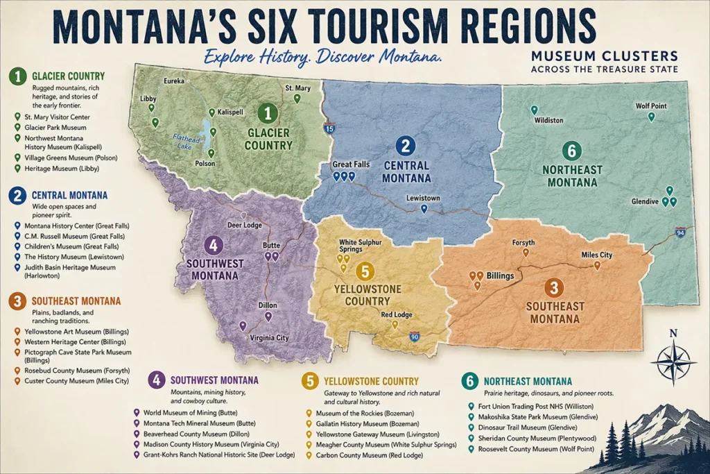 Map of Montana's six tourism regions showing museum clusters across the state