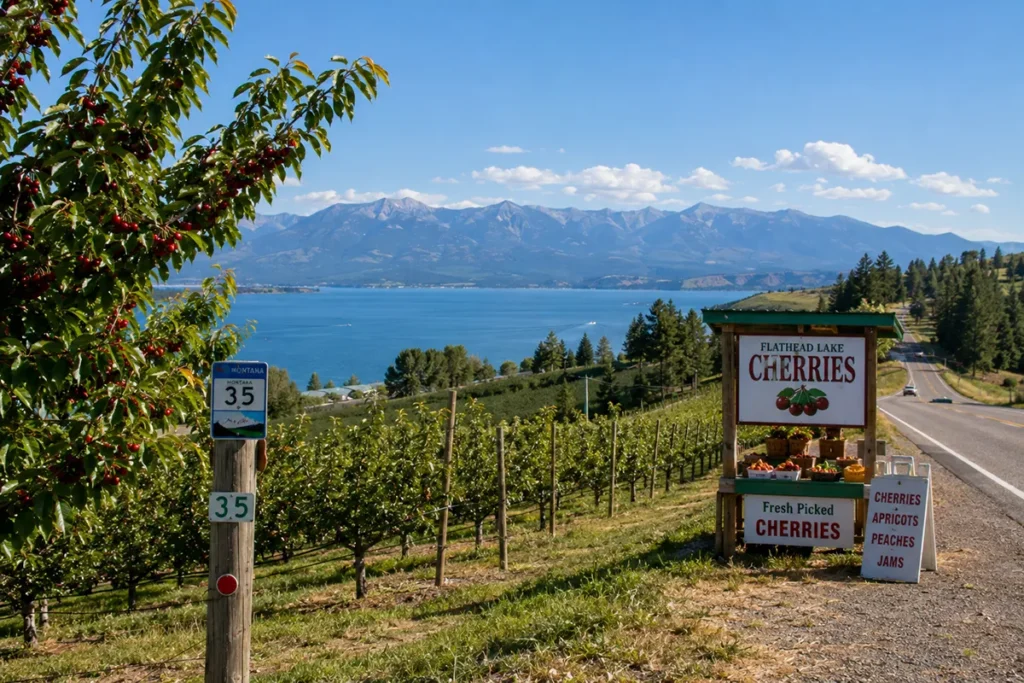 Flathead Lake cherry orchards on the east shore Highway 35 route showing cherry trees with Flathead Lake visible behind and Mission Mountains