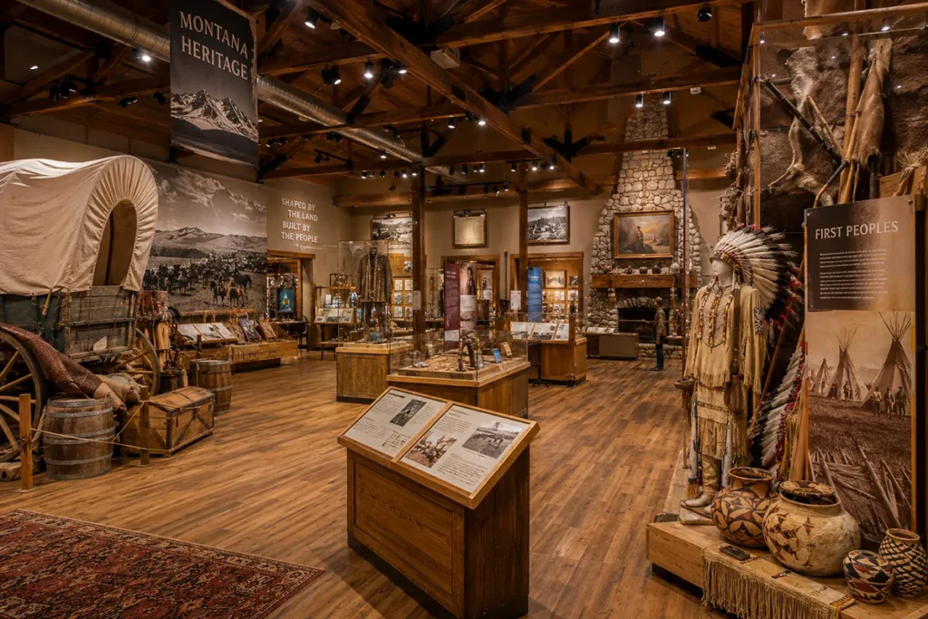 Wide interior shot of a Montana history museum with pioneer and Native American artifacts on display