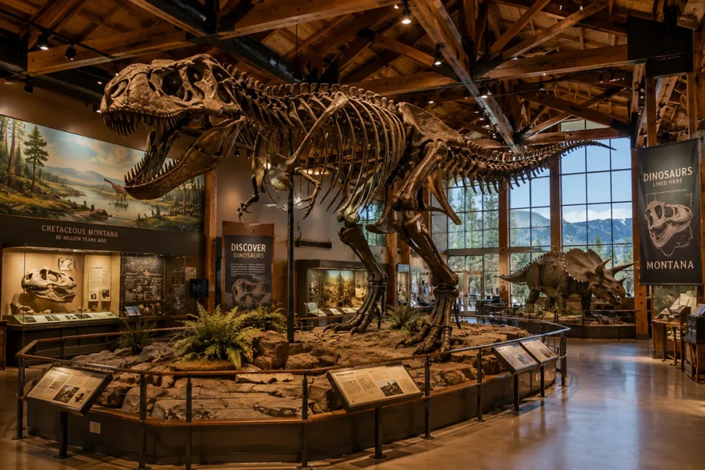 Mounted Tyrannosaurus rex skeleton on display in a Montana dinosaur museum