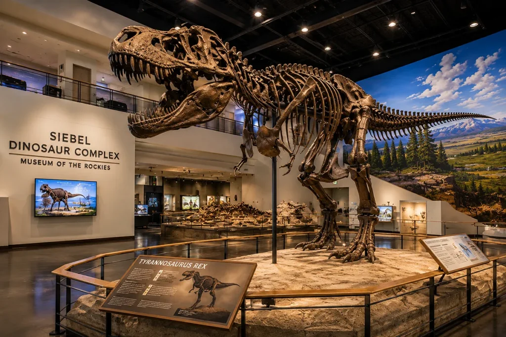 Mounted Tyrannosaurus rex skeleton on display in the Siebel Dinosaur Complex at Museum of the Rockies