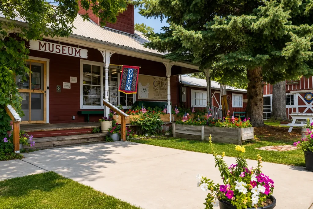 Old Trail Museum building complex in Choteau, Montana with boardwalk connecting historic structures