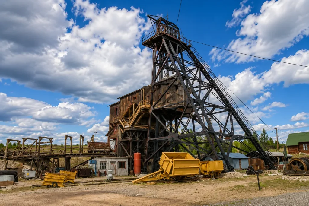 Orphan Girl Mine headframe towering over the World Museum of Mining in Butte, Montana