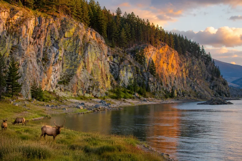 Painted Rocks State Park near Darby Montana showing the colorful lichen-covered granite and rhyolite cliffs over the reservoir at sunset