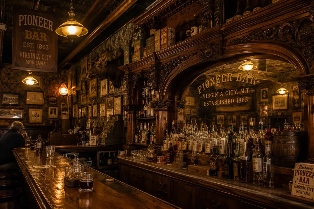 Virginia City Montana Pioneer Bar interior showing the 1867 historic carved wood back bar
