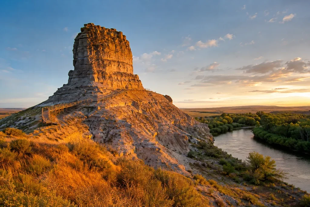 Pompeys Pillar sandstone butte rising above the Yellowstone River in southeastern Montana at golden hour