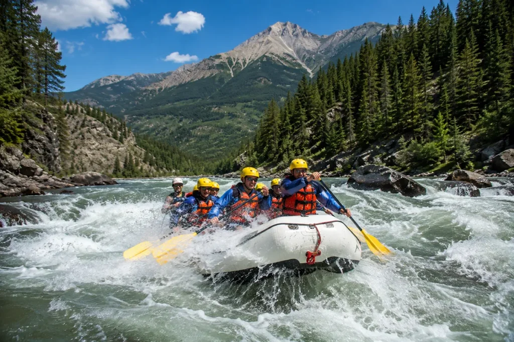 Rafters navigating whitewater rapids on the Middle Fork of the Flathead River near Glacier National Park