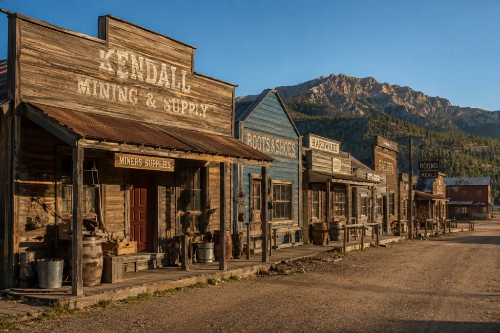 Reconstructed 1890s mining town street at Hell Roarin' Gulch with historic wooden storefronts