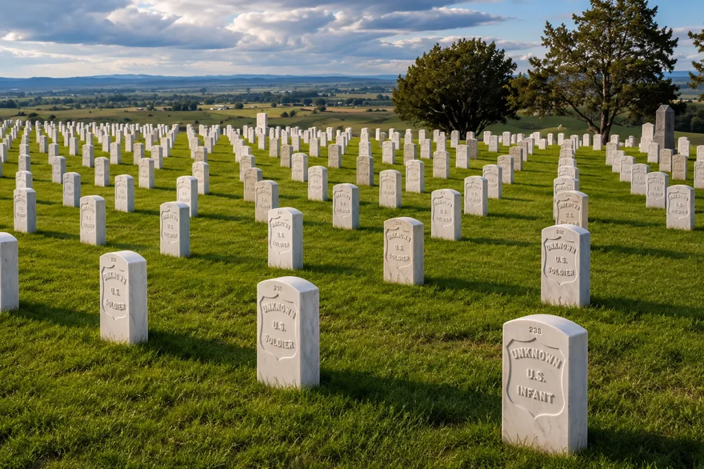 Rolling prairie hills at Little Bighorn Battlefield National Monument with white grave markers