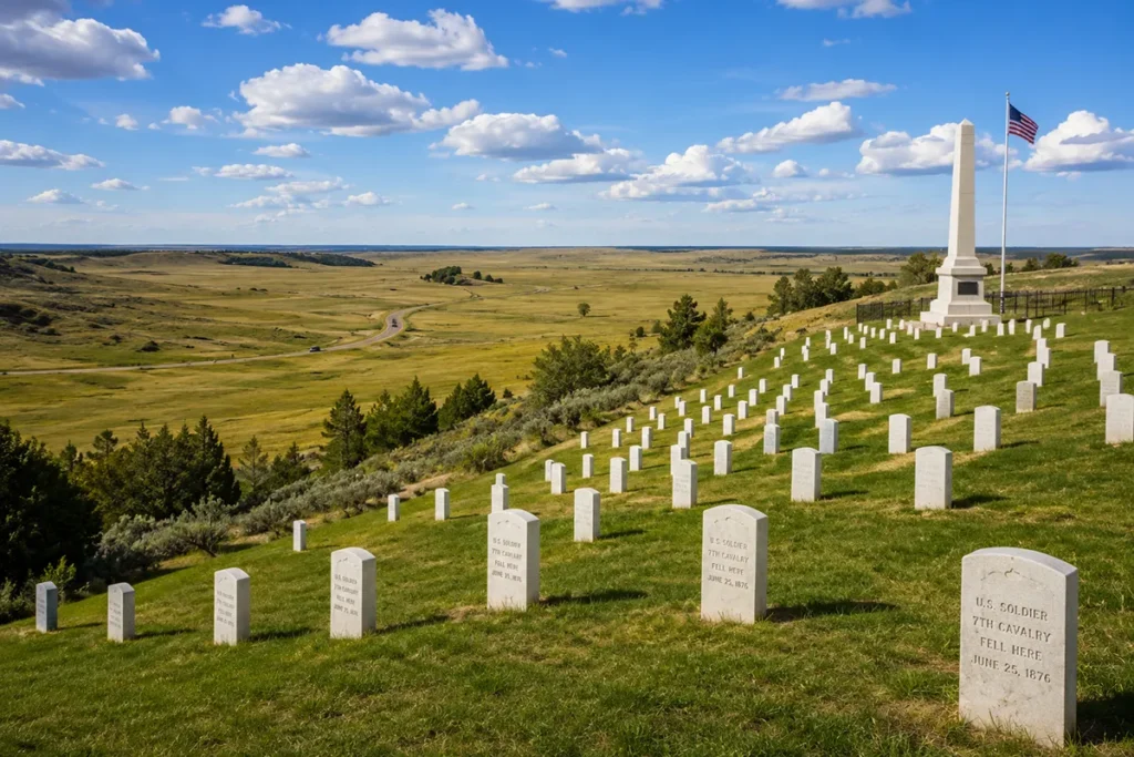 Rolling prairie landscape at Little Bighorn Battlefield National Monument in Montana with white grave markers