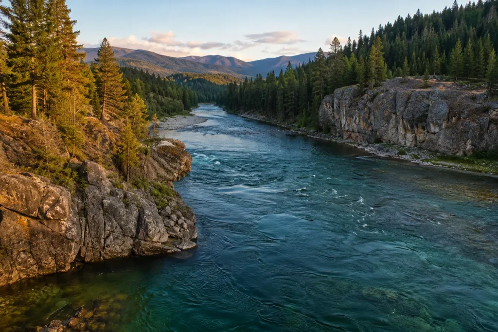 Sunlight on the Clark Fork River winding through a forested Montana canyon