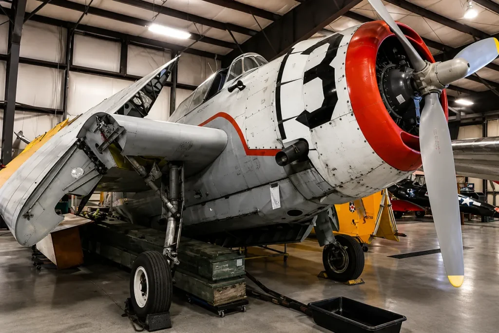 TBM-3 Avenger torpedo bomber aircraft on display inside Museum of Mountain Flying hangar
