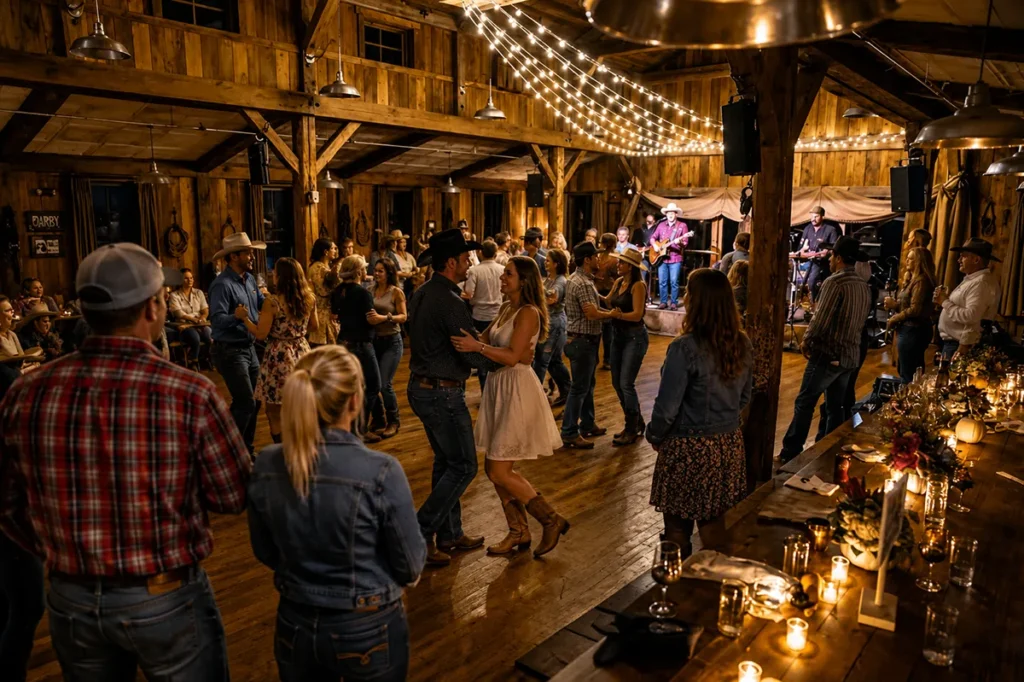 The Buckle Barn at the Ranch at Rock Creek Montana during a Saturday Barn Dance showing guests dancing under the stars with live music
