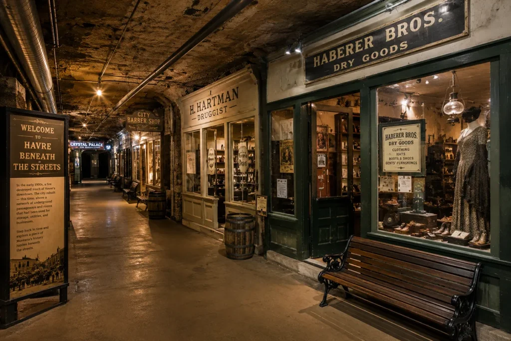 Underground tunnel and preserved historic storefronts at Havre Beneath the Streets in Montana