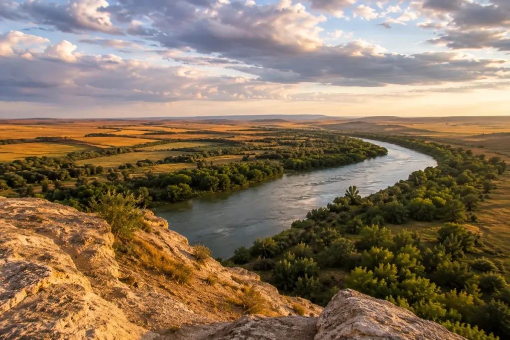 View from the summit of Pompeys Pillar looking out across the Yellowstone River valley and eastern Montana prairie