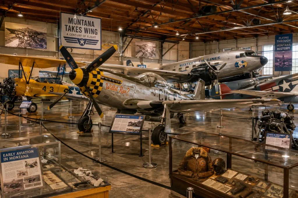 Vintage aircraft on display inside a Montana aviation history museum