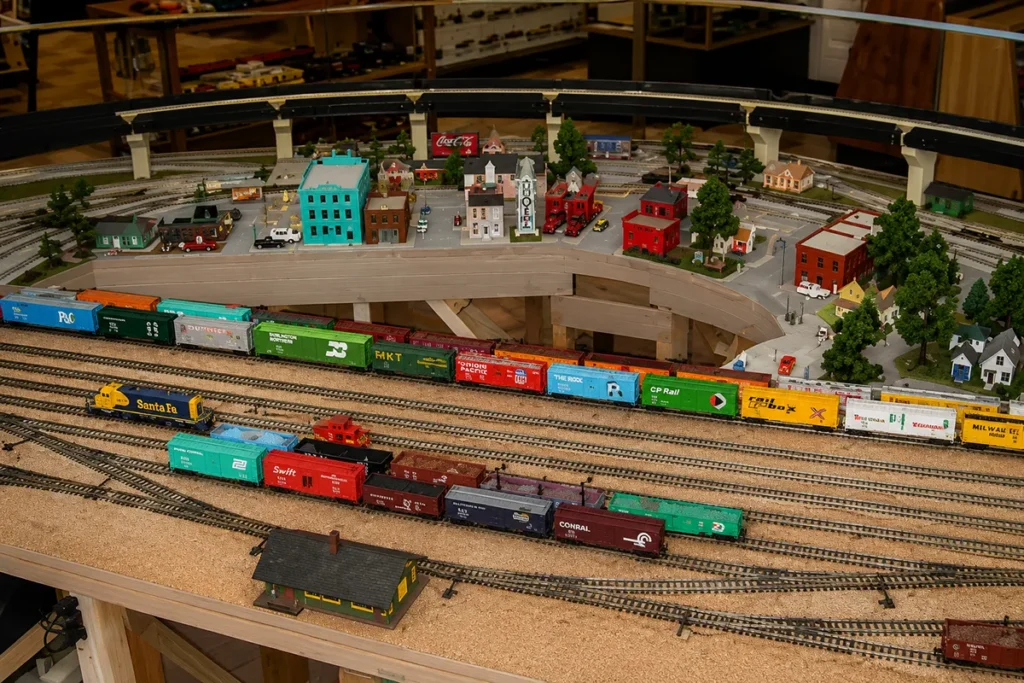 Vintage railroad artifacts and model train display at the end of the Havre Beneath the Streets tour