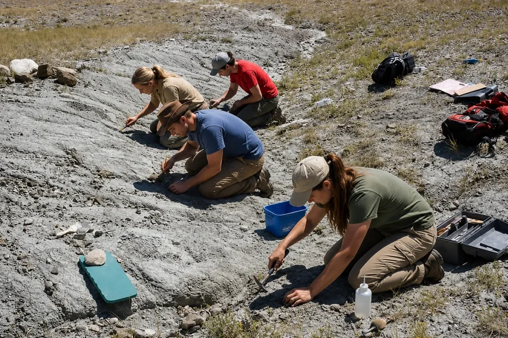 Visitors on a hands-on fossil dig excavation at Two Medicine Dinosaur Center near Bynum, Montana