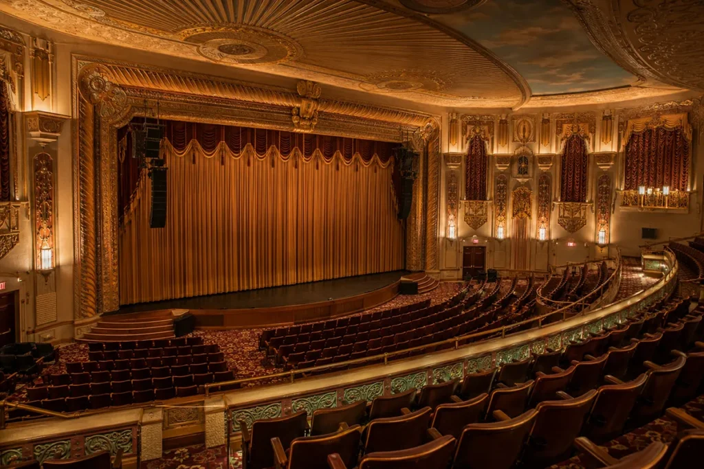 Washoe Theater interior in Anaconda Montana showing the original 1936 Art Deco decor with original seating carpet and curtains intact