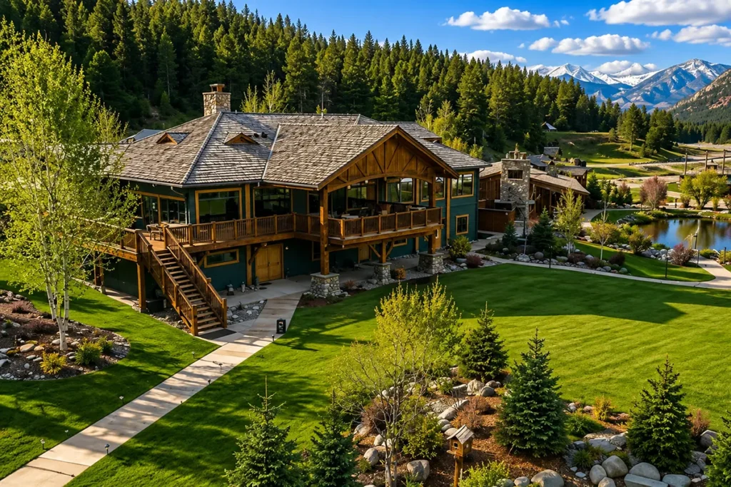 Wild Caddis Restaurant at Rainbow Ranch Lodge Montana showing the cozy dining room on the banks of the Gallatin River with fireplace and local art