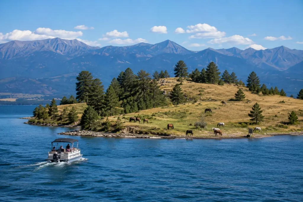 Wild Horse Island state park boat access with wild horses visible on the shoreline and Flathead Lake surrounding the island