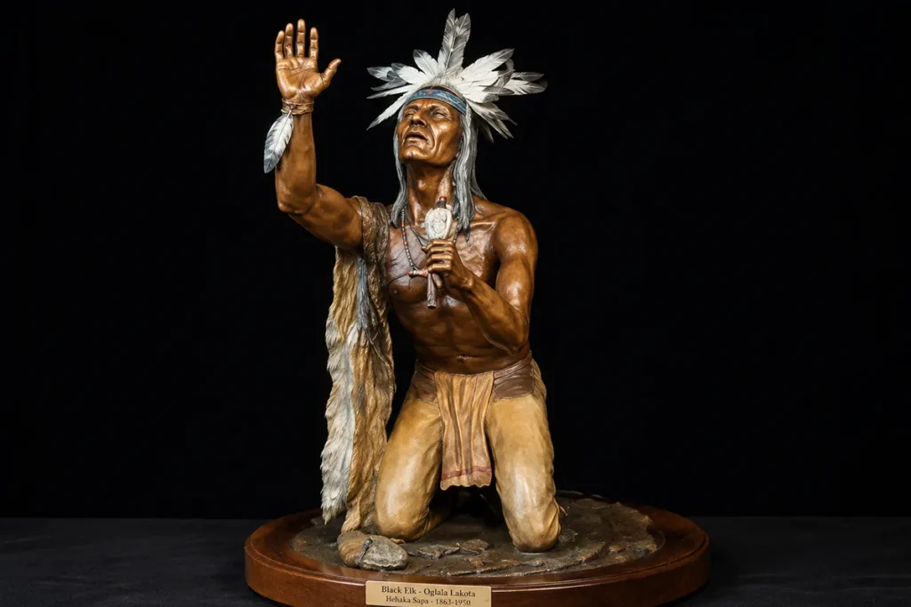 Wood carving artwork by Blackfeet sculptor John Clarke on display at the Museum of the Plains Indian