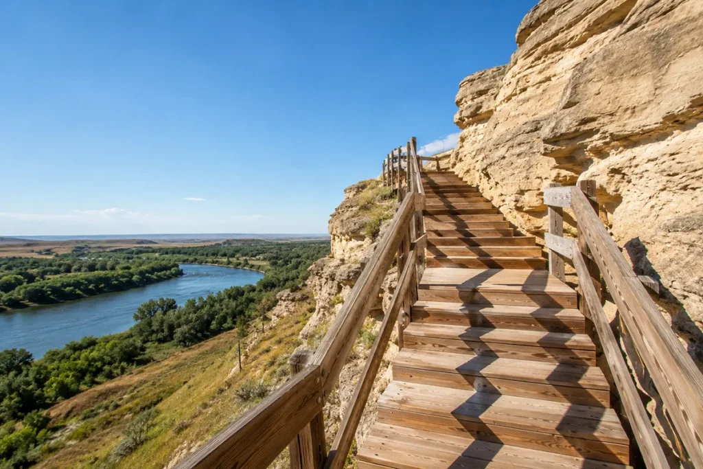 Wooden boardwalk with staircase climbing the sandstone face of Pompeys Pillar with the Yellowstone River valley visible below