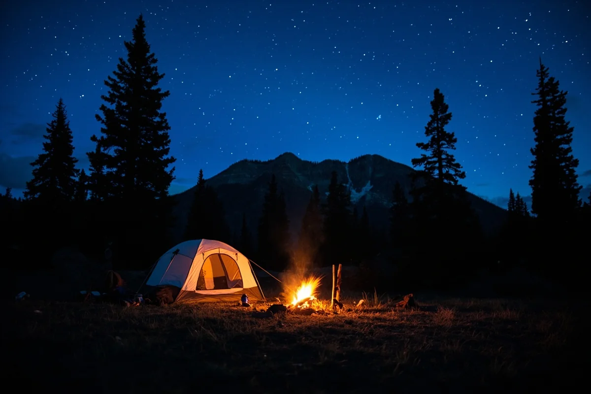 A campfire and tent set up in a dispersed camping spot in a Montana national forest, mountains visible at dusk
