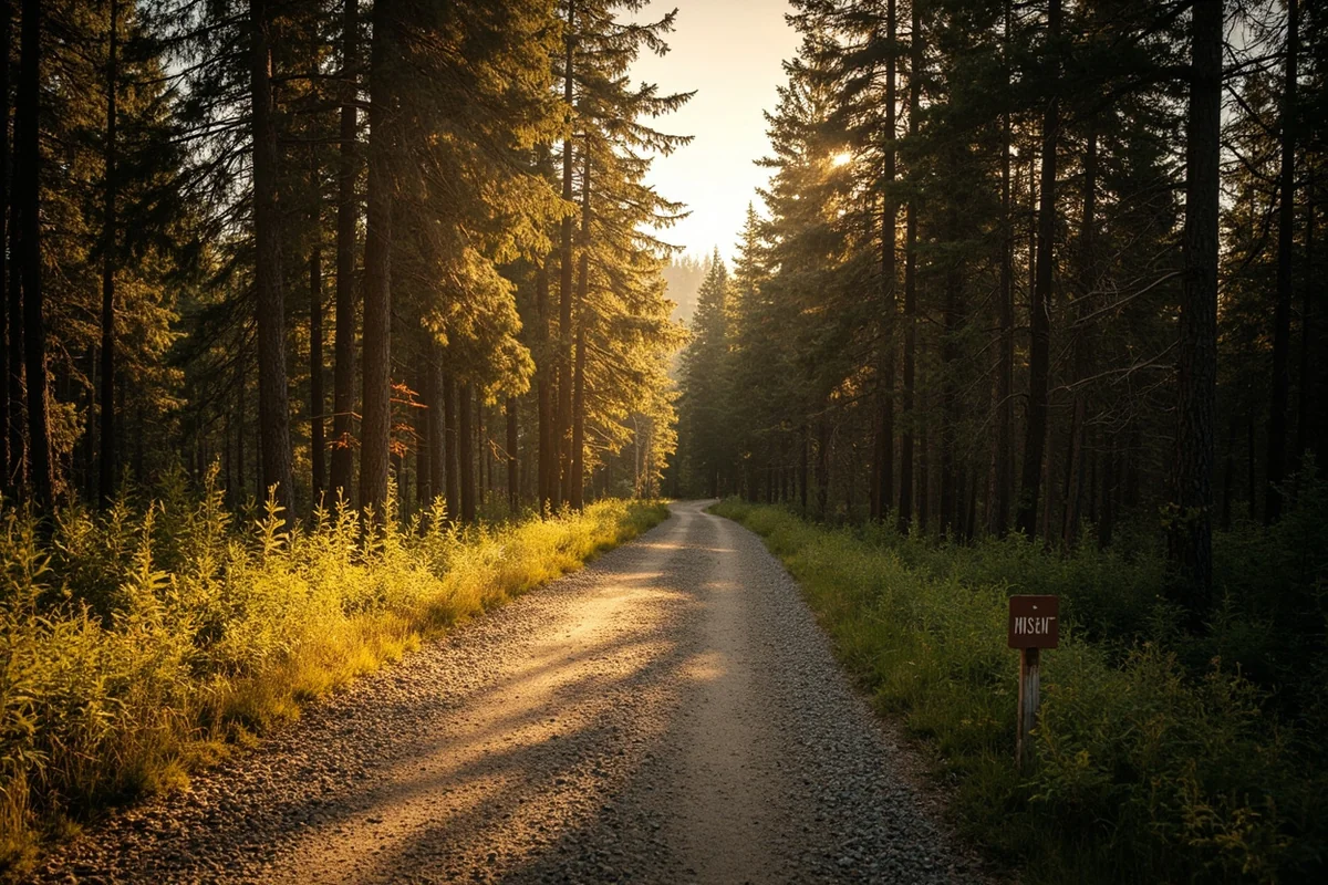 A dirt forest service road winding through a tall lodgepole pine forest in western Montana