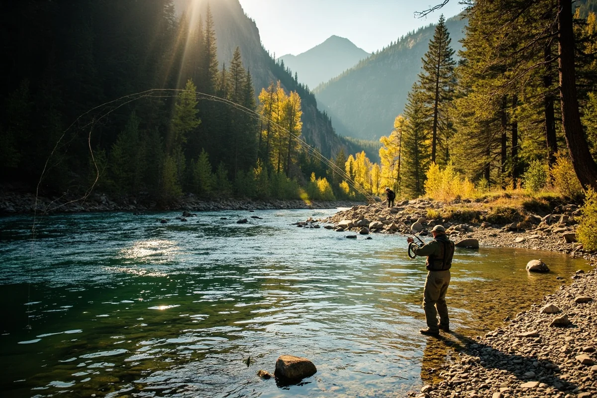 A fly fisherman wading the Gallatin River in the Gallatin Canyon, Custer Gallatin National Forest near Bozeman Montana