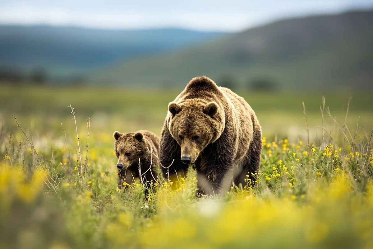 A grizzly bear sow and cub in a meadow near Yellowstone in the Greater Yellowstone Ecosystem, Custer Gallatin National Forest