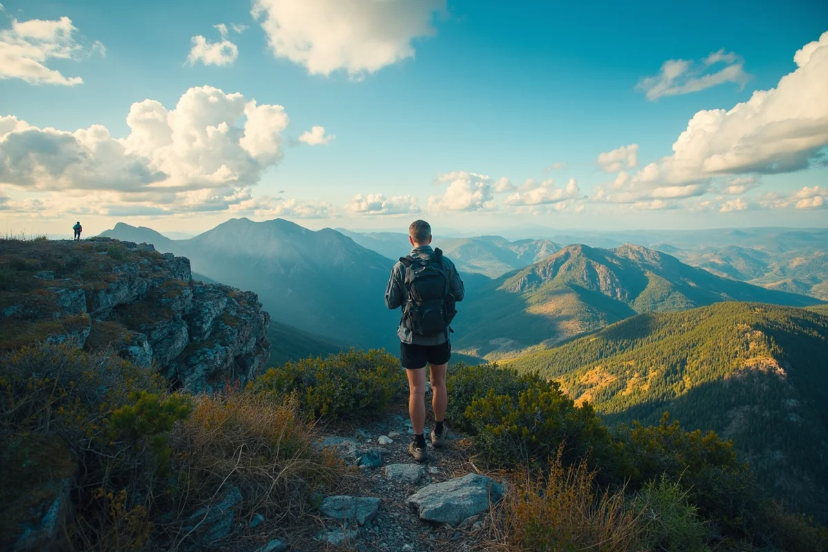 A hiker on a high ridgeline trail in a Montana national forest with mountains visible in every direction