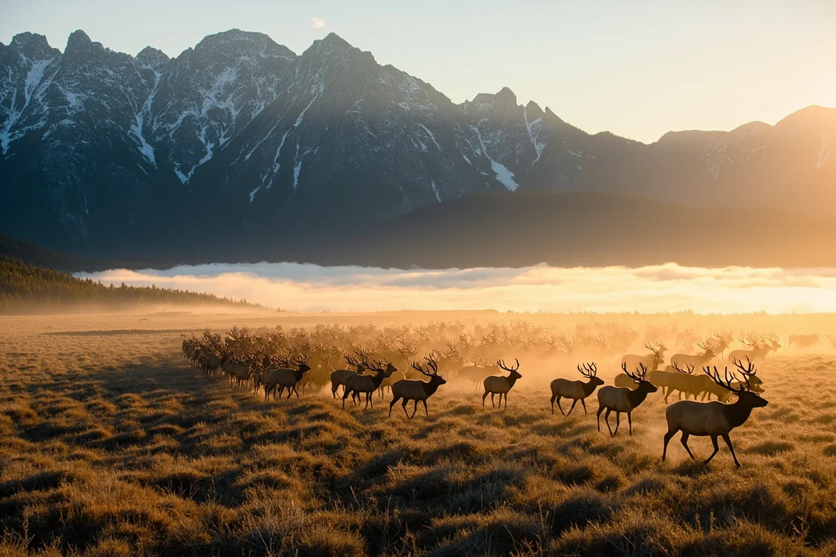 A large elk herd moving across the Rocky Mountain Front foothills at dawn, Lewis and Clark National Forest Montana