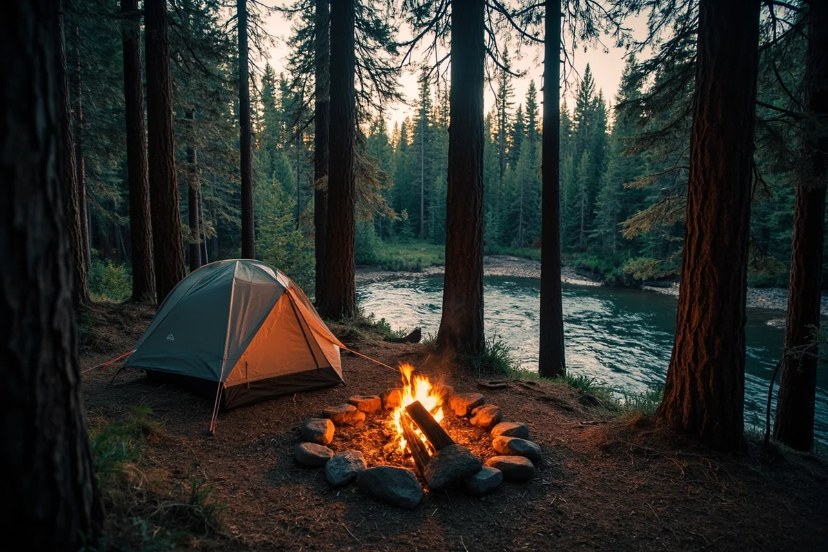 A primitive campsite along the Yaak River in the Kootenai National Forest, northwest Montana