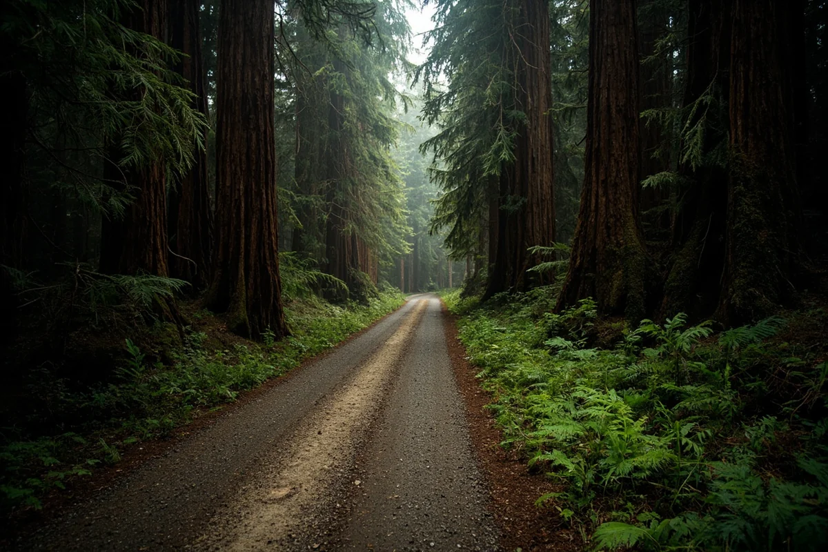 A road through old-growth forest in the Yaak Valley of northwest Montana with western red cedars towering overhead