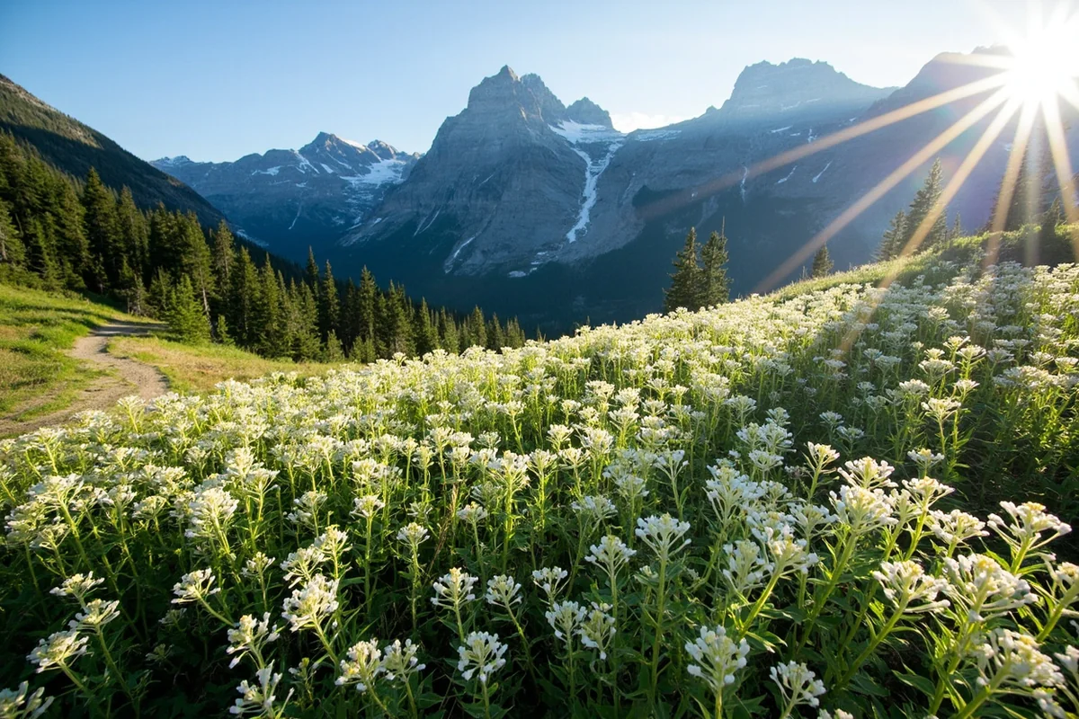 Alpine meadow filled with beargrass wildflowers along the Iceberg Lake Trail