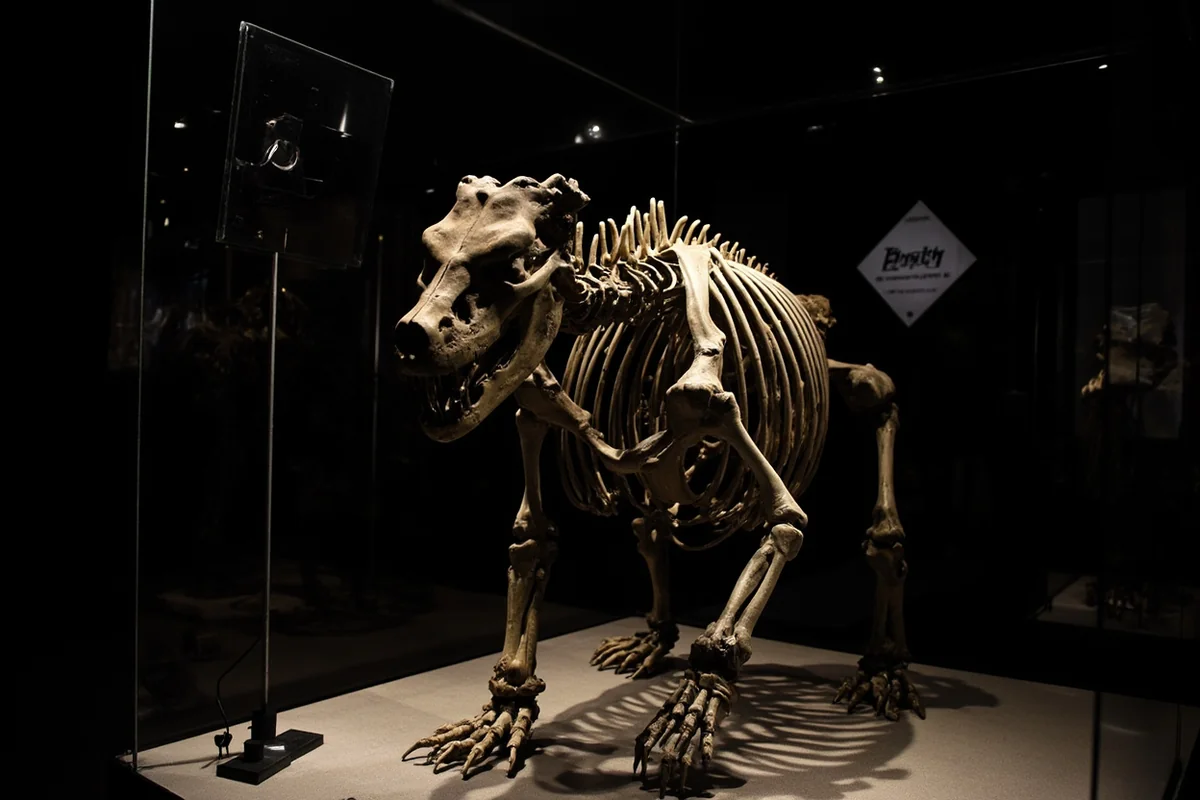 Ancient cave bear skeleton fossil display at MBMG Mineral Museum in Butte, Montana