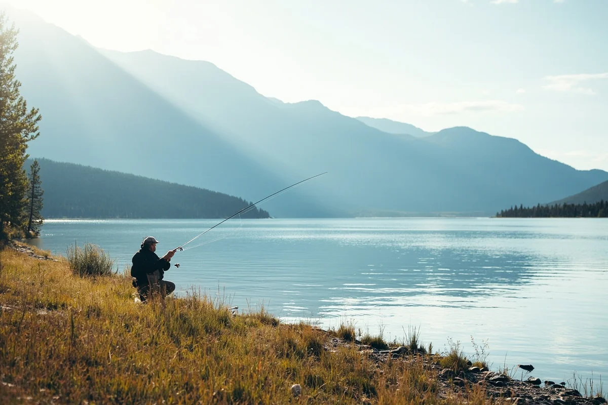 Angler fishing alone at Loon Lake Montana with Turner Mountain in the background