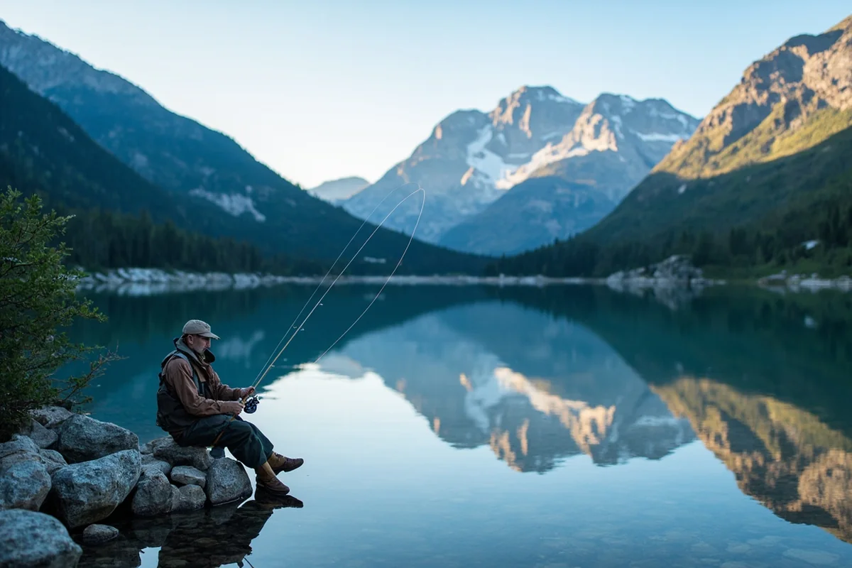 Angler fishing at Fossil Lake with mountain peaks reflected in the water